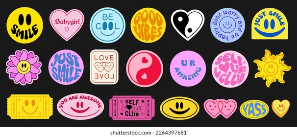 Set Of Cool Smile Pop Art Stickers. Y2K Trendy Patches Vector Design. Groovy Badges.