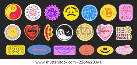 Set Of Cool Smile Pop Art Stickers. Y2K Trendy Patches Vector Design. Groovy Badges.