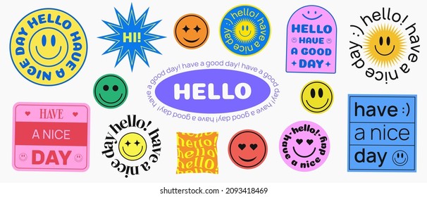 Set of Cool Smile Stickers Vector Design. Hello Have a Nice Day Patches Collection.