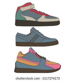 set of Cool Sneakers. Shoes sneaker drawing vector, Sneakers drawn in a sketch style, sneaker trainers template, Set Collection. vector Illustration.
