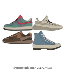 set of Cool Sneakers. Shoes sneaker drawing vector, Sneakers drawn in a sketch style, sneaker trainers template, Set Collection. vector Illustration.
