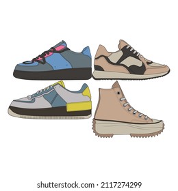 set of Cool Sneakers. Shoes sneaker drawing vector, Sneakers drawn in a sketch style, sneaker trainers template, Set Collection. vector Illustration.
