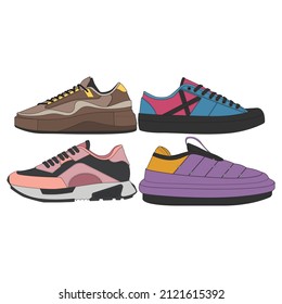 set of Cool Sneakers. Shoes sneaker drawing vector, Sneakers drawn in a sketch style, sneaker trainers template, Set Collection. vector Illustration.
