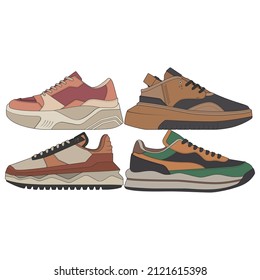 set of Cool Sneakers. Shoes sneaker drawing vector, Sneakers drawn in a sketch style, sneaker trainers template, Set Collection. vector Illustration.
