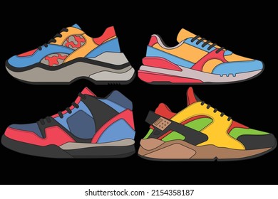Set Of Cool Sneakers. Shoes Sneaker Drawing Vector, Sneakers Drawn In A Sketch Style, Sneaker Trainers Template, Set Collection. Vector Illustration.
