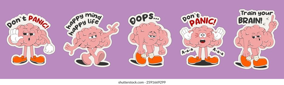 A set of cool stickers with a cartoon character brain and quotes. The concept of mental health care. Vector illustration.