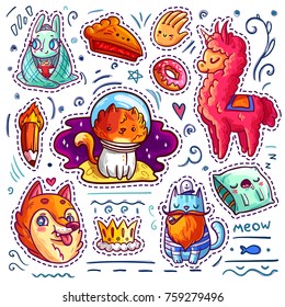 Set of cool stickers with cartoon funny animals, food and things. Vector collection of cute characters for patch badges, pins, prints, etc. 