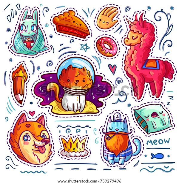 Set Cool Stickers Cartoon Funny Animals Stock Vector (Royalty Free