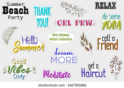 Set of cool stickers for girls with phrases and flowers