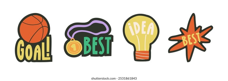 A set of cool stickers on the school theme in a flat style. Study, stickers, notes. Hand drawn vector illustration.