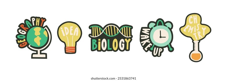 A set of cool stickers on the school theme in a flat style. Study, stickers, notes. Hand drawn vector illustration.