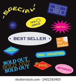 Set Of Cool  Stickers Vector Design. Trendy Cute Sale, discount, promotion shop