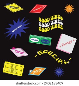 Set Of Cool  Stickers Vector Design. Trendy Cute Sale, discount, promotion shop