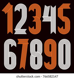 Set of cool stylish vector digits, modern numerals collection. Funky condensed bold numbers from 0 to 9 can be used in poster art. Created using geometric stripes.