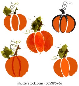 Set of cool stylized pumpkins. Grunge and watercolor pumpkins.