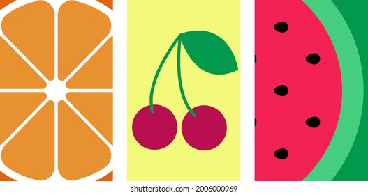 Set of cool summer banners. Creative bright colorful design with fruits and berries: orange, watermelon, cherry. Templates for web, sale, promotion, greeting card, flyer, flier, brochure. Flat vector 