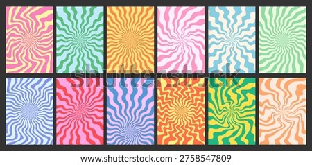Set Of Cool Sun Rays Textures. Collection Of Groovy Swirl Sun Beams Patterns. Cool Retro Psychedelic Backgrounds.