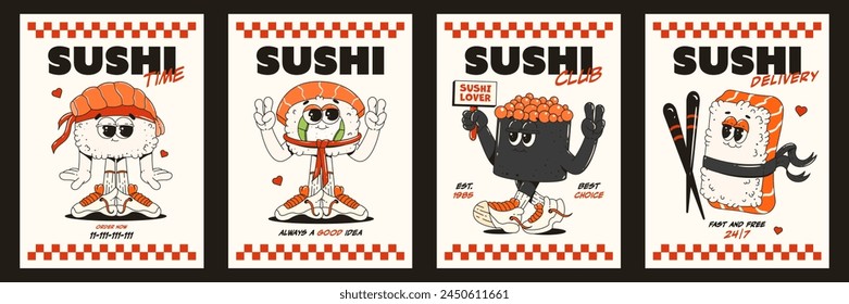 A set of cool sushi posters. Trendy retro groovy character style. Sushi roll delivery. Brochures for restaurants, bar, cafe.	