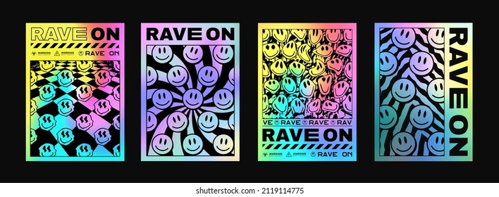 Set Of Cool Trendy Acid Rave Posters. Abstract trippy psychedelic smile pattern.