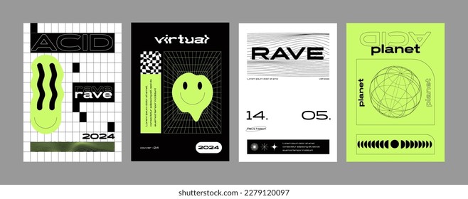 Set Of Cool Trendy Acid Rave Posters. Abstract trippy psychedelic smile. Vector illustration.