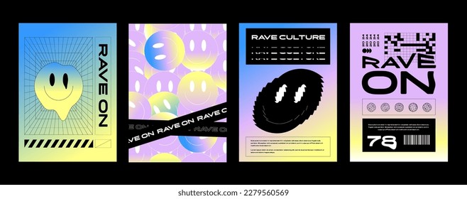 Set Of Cool Trendy Acid Rave Posters. Abstract trippy psychedelic smile. Vector illustration.