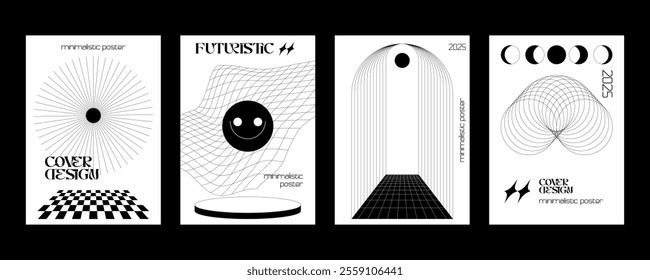 Set Of Cool Trendy Acid Rave Posters. Abstract trippy psychedelic smile. Vector illustration.	
