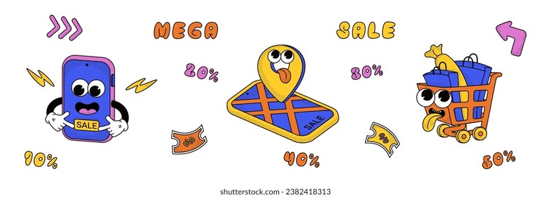 Conjunto de personajes de moda de moda de moda de venta de moda de teléfono, carrito de compras con bolsas, alfiler geo, 10-50 por ciento de descuentos, letras de burbujas Mega Sale. Mascotas aisladas de dibujos animados vectoriales