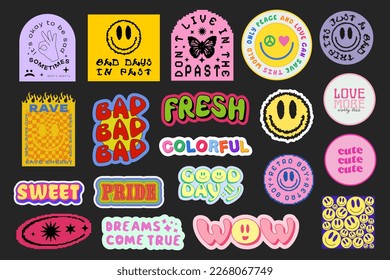 Set Of Cool Trendy Groovy Stickers Vector Design. Pop Art patches. Y2K Badges.