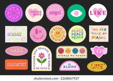 Set Of Cool Trendy Groovy Stickers Vector Design. Pop Art patches. Y2K Badges.