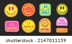 Set Of Cool Trendy Hand Drawn Smile Stickers Vector Design. Abstract Pop Art Patches.