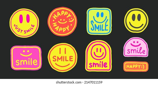 Set Of Cool Trendy Hand Drawn Smile Stickers Vector Design. Abstract Pop Art Patches.