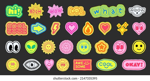 Set of Cool Trendy Hand Drawn Stickers. Acid Happy Smile Emoticons Vector Design. Y2K Patches.