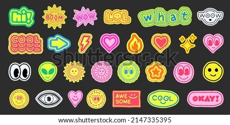Set of Cool Trendy Hand Drawn Stickers. Acid Happy Smile Emoticons Vector Design. Y2K Patches.