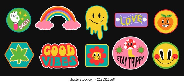 Set of cool trendy  patches, pins or stickers with vector illustrations and text.  Funny characters and positive inscriptions. 