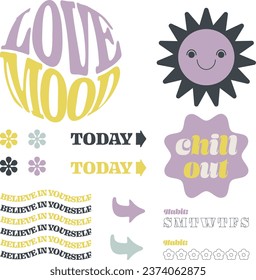 Set of Cool trendy retro stickers with smiley faces, badges, habit trackers and planner elements. Vector illustration of vintage badges. They read, Chill out, Love mood, Believe in yourself.