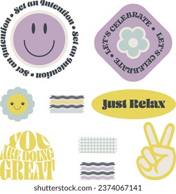 Set of Cool trendy retro stickers with smiley faces, flowers, and washi tapes. Vector vintage badges in geometric shapes. They read, Just relax, Let's celebrate, Set an intention, You're doing great