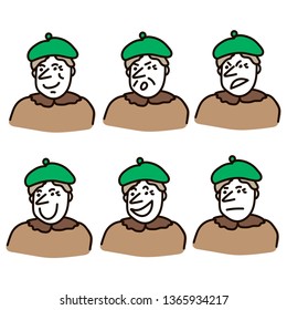 Set of cool vector faces, different emotions. Linear style cute cool face vector, different emotions. Grandmother character