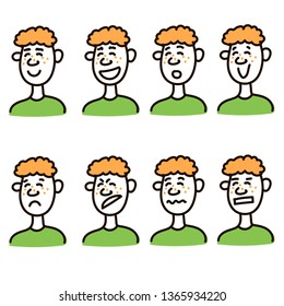 Set of cool vector faces, different emotions. Linear style cute cool face vector, different emotions. Redhead guy