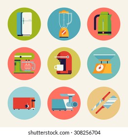 Set of cool vector home kitchen appliances, accessories and equipment round web icons in trendy flat design featuring fridge, toaster, kettle, mixer, blender and more. Ideal for web and graphic design