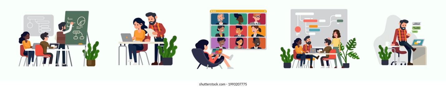 Set of cool vector illustrations on business process, interaction, team work, development, research with group of people at work in office attending focus groups, online and offline meetings, etc.