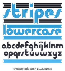 Set of cool vector lowercase English alphabet letters isolated. Funky italic rounded bold font, typescript for use in logo design. Created using stripy ornate, parallel lines.