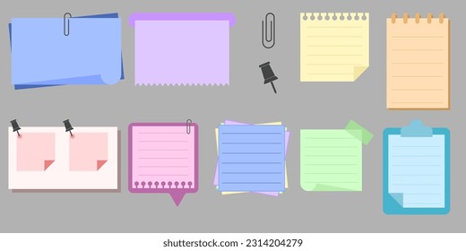 Set of Cool Vector Paper Notes, Thumbtack and Clip. 