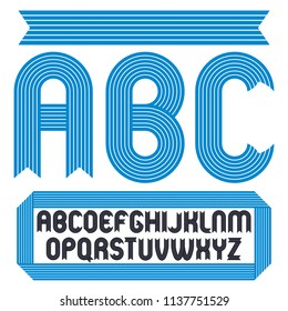 Set of cool vector upper case English alphabet letters isolated. Funky bold font, typescript for use in logo design, newspaper. Made with stripy decoration.