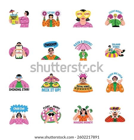 Set of Cool Vibes Flat Style Stickers 

