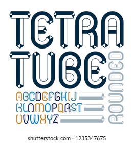 Set of cool vintage vector upper case English alphabet letters isolated. Retro rounded font, typescript for use in logo design. Made with 3d tetra tube design, industry style.
