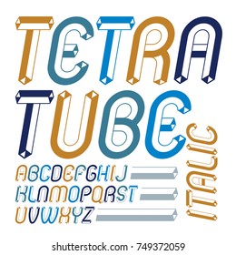 Set of cool vintage vector upper case English alphabet letters, abc isolated. Retro italic rounded font, typescript for use in logo design. Created using dimensional tetra pipe.