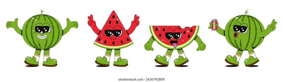 Set of cool watermelon characters in different poses. Fashionable retro groovy style. Mascots for a bar, restaurant, cafe, market.