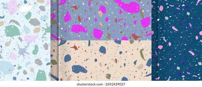 Conjunto de frescos patrones de terrazo sin costuras de invierno. Patrones adecuados para papel, cerámica, mármol y piedra natural. Ilustraciones vectoriales de Formas texturizadas en colores pastel frescos.