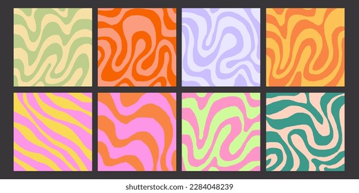 Set of Cool Y2K Abstract Geometric Backgrounds. Acid Style Backdrop. Trendy Groovy Pattern Textures.