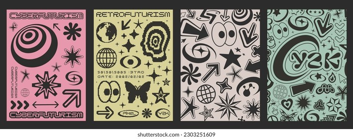 Set Of Cool Y2K Posters Vector Design. Retrofuturism Graphic Elements. Cyberpunk Placards. Abstract Geometric Shapes. 